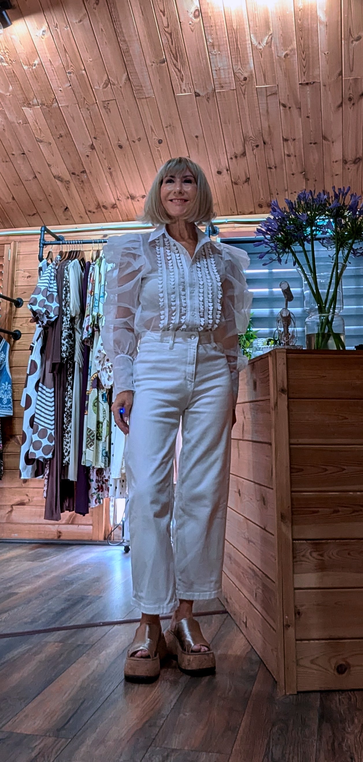 Lucille white sheer blouse with statement puff sleeves and embroidered front panels.