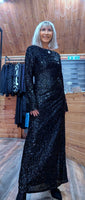 Juno Black Sequin Dress – Scoop Back with Pagoda Sleeves