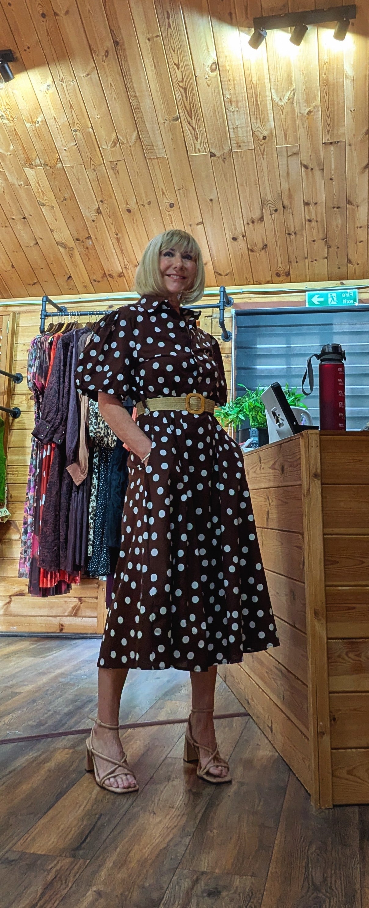 Aoife retro-style polka-dot midi dress with a softly flared skirt.