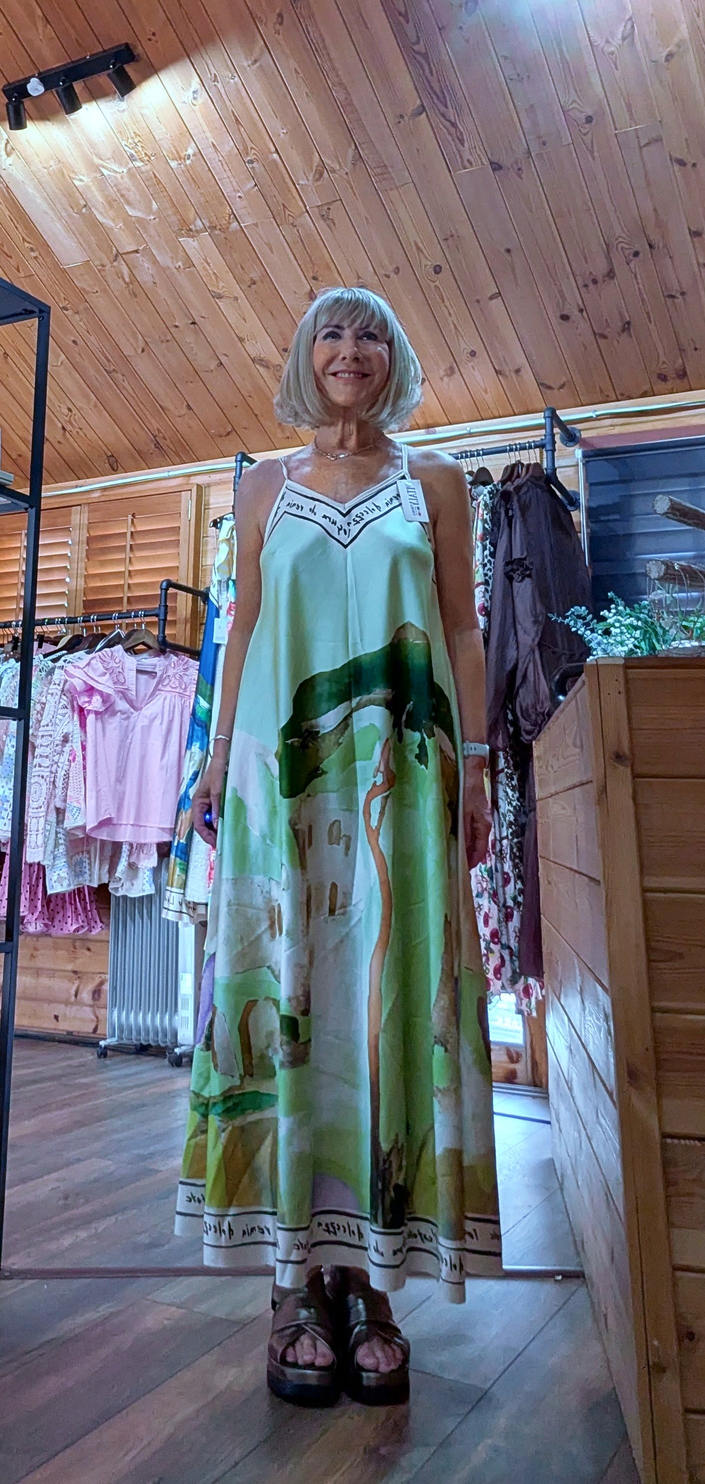 Front view Nola Artistic Print Maxi Dress in khaki