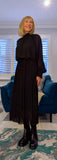 Zena Pleated Midi Dress – High Neck with Gold Button Detail