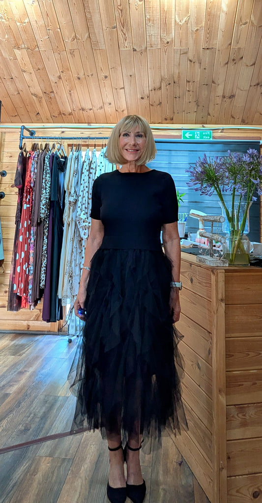 Black tulle dress with scoop low back worn by ditsydi