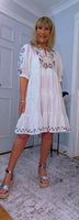 Bo Smocked Linen Cotton Dress – White with Pink & Blue Embroidery