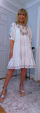 Bo Smocked Linen Cotton Dress – White with Pink & Blue Embroidery