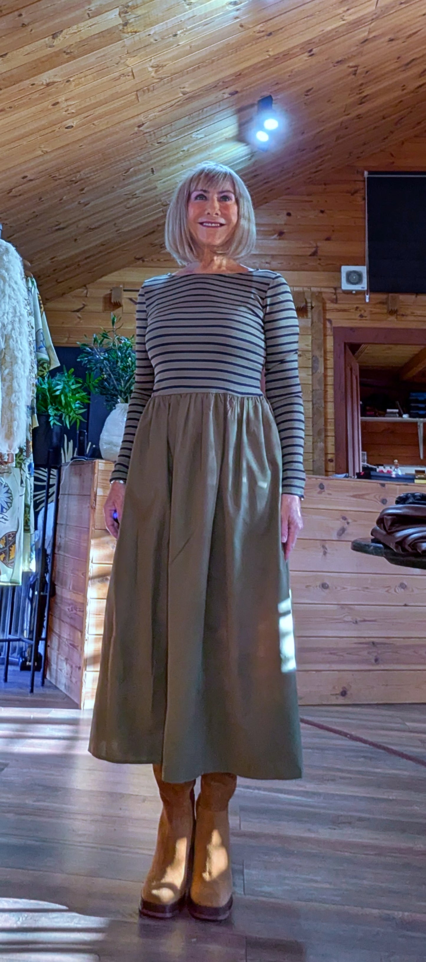 Long Sleeve Stripe Midi Dress - Green Stripe cottage core style