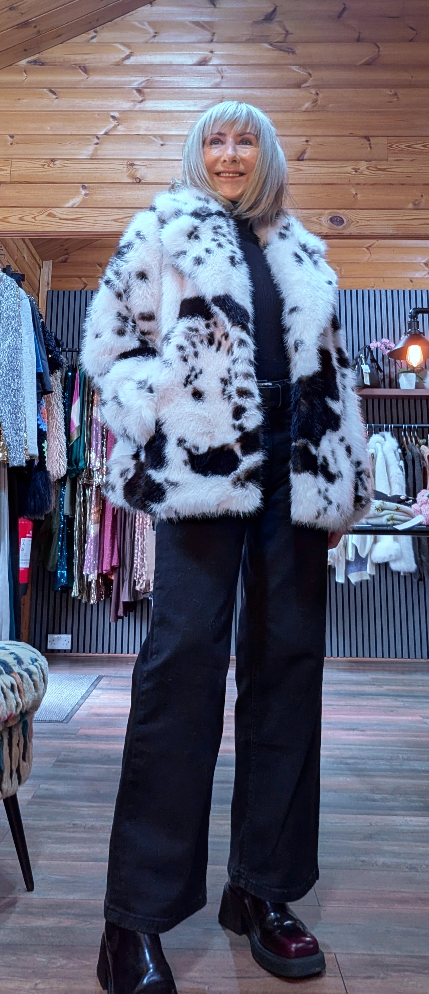 Bessie Cow Print  Faux Fur Jacket – Black - White Statement Style