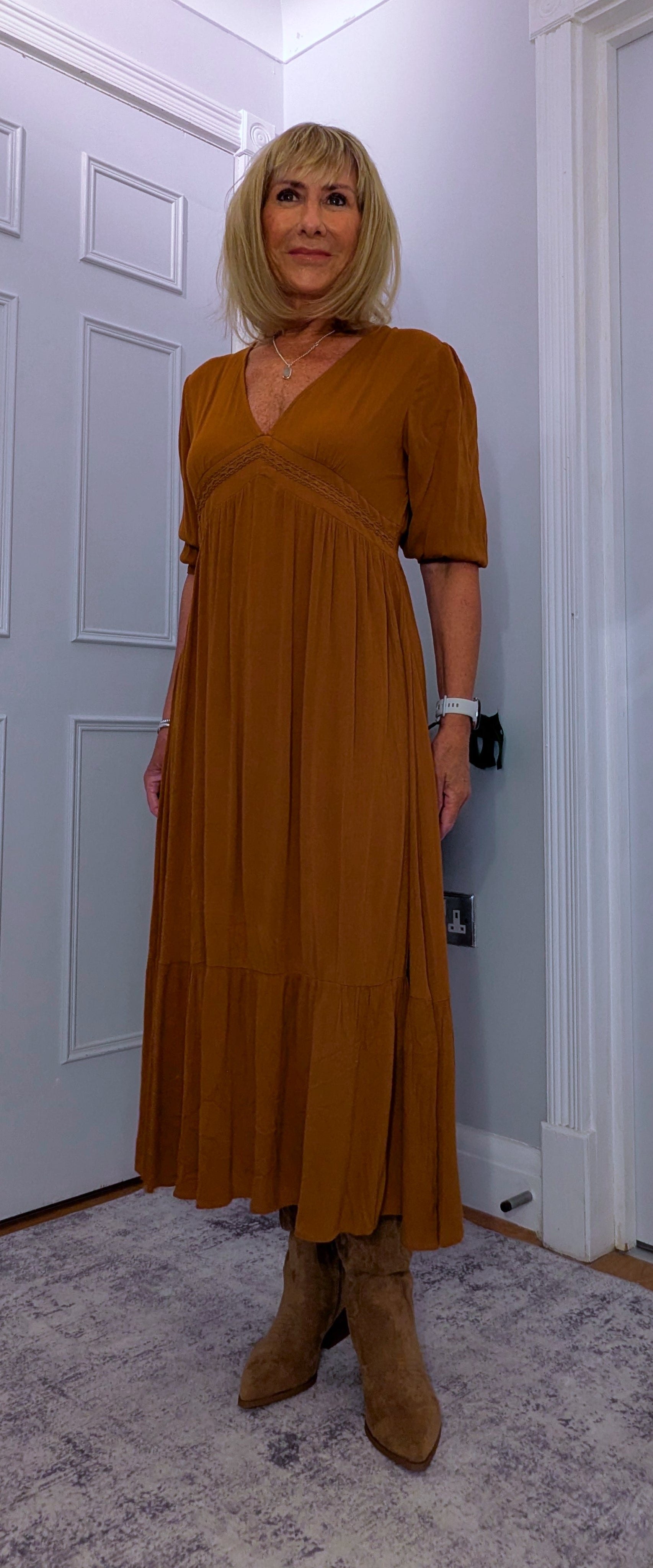 Paloma Prairie Smock Dress In Rust  Cotton with Embroidery Detail