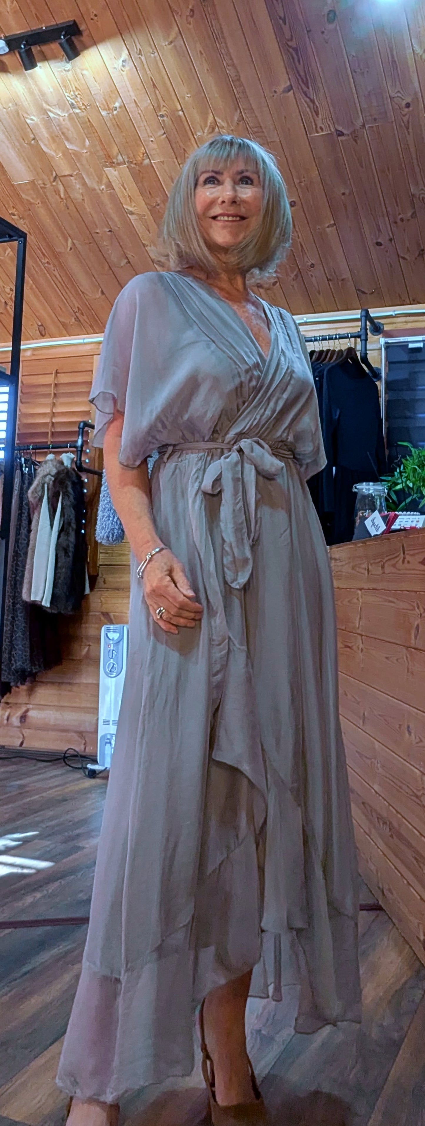 Elaine Silk Midi Wrap Dress with Tie Belt in Taupe