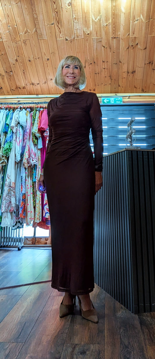 Monica chocolate-brown long-sleeved ruched maxi dress
