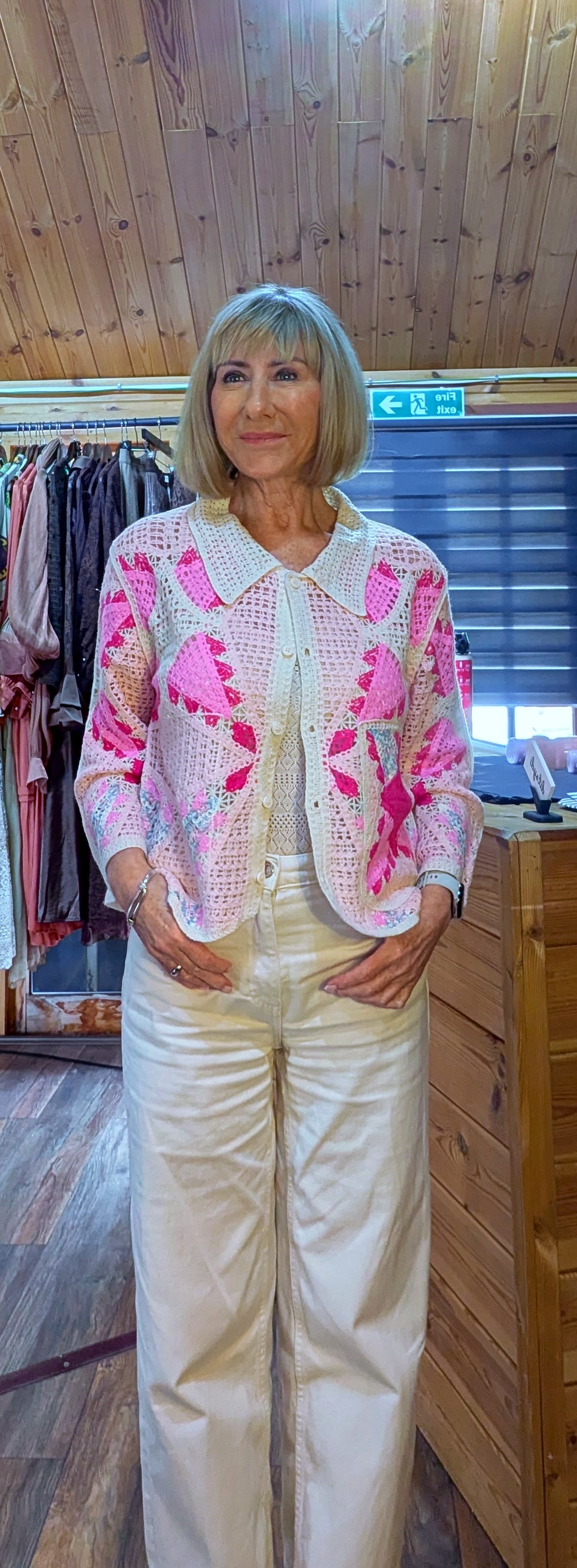Close up of Helen pink crochet cardigan pattern