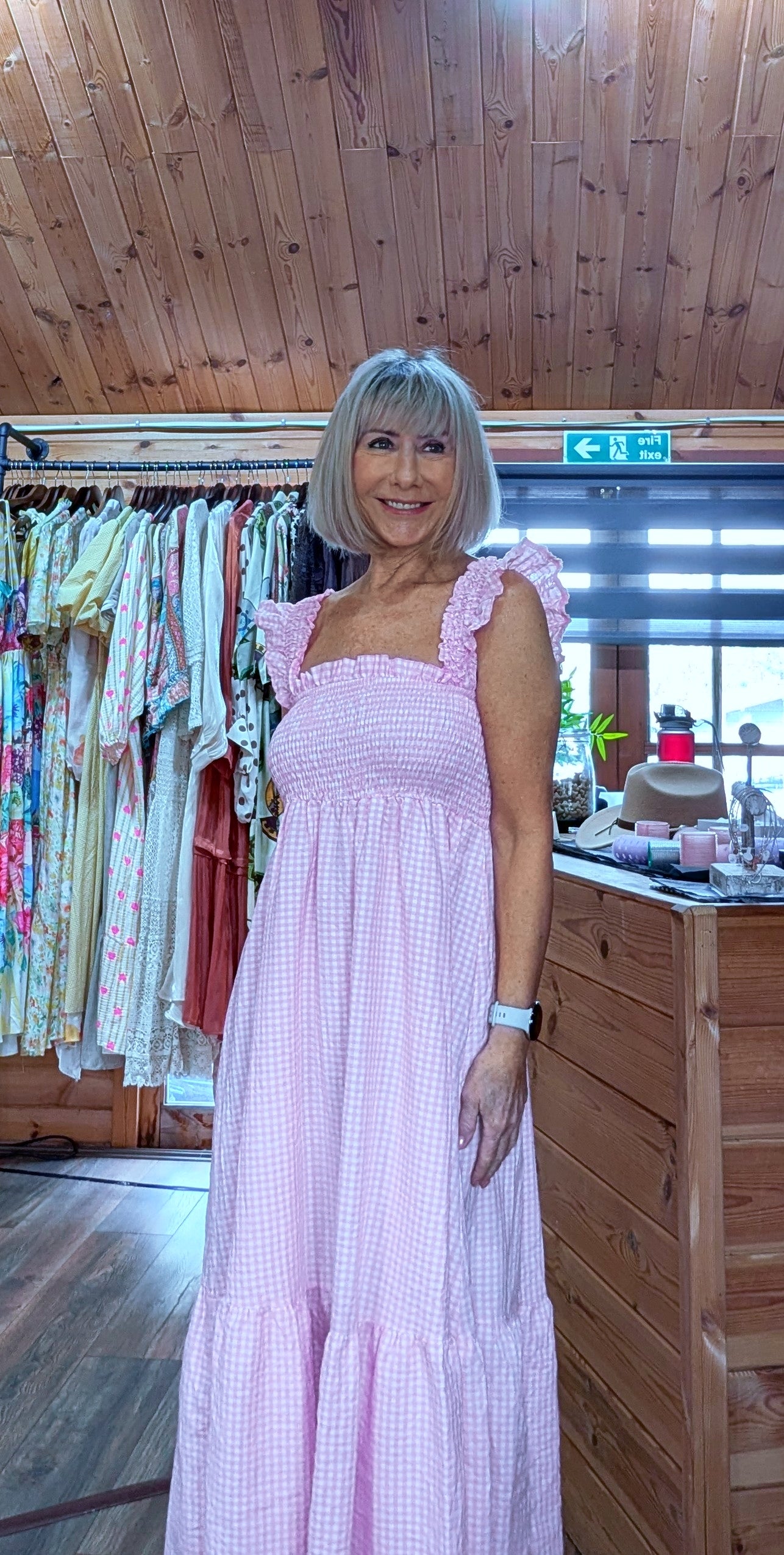 Evelyn pink gingham shirred summer dress with straps