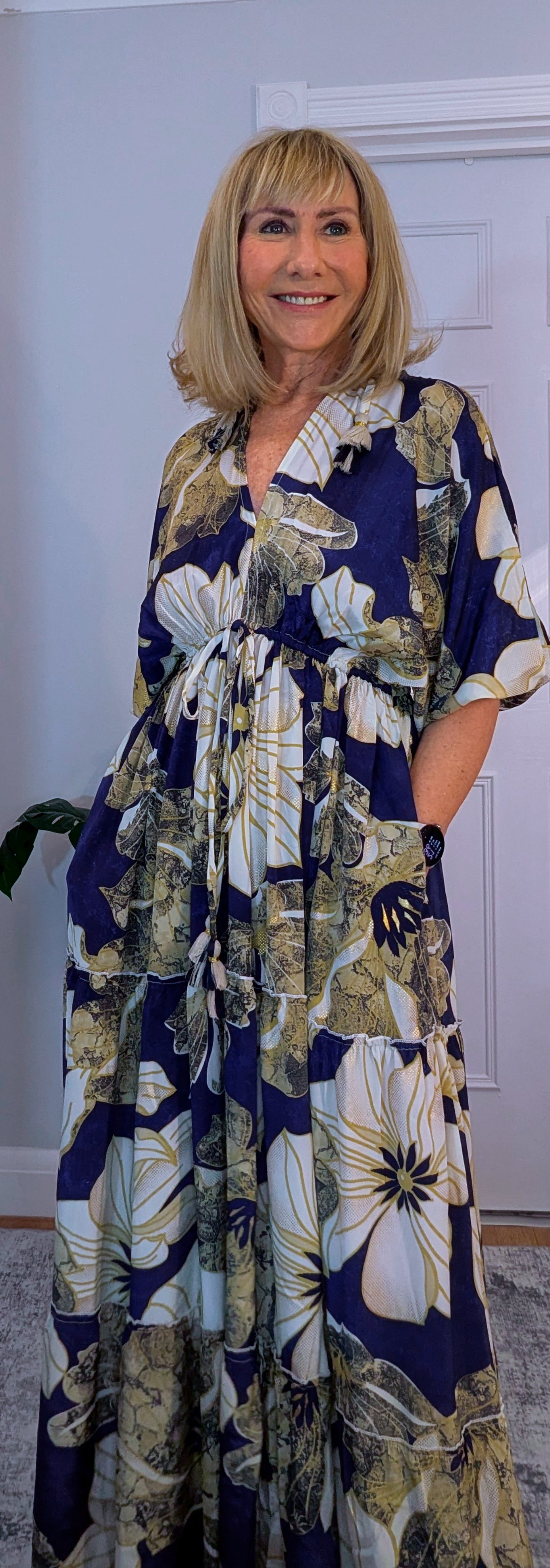 Elodie Bohemian Silk Maxi Dress With Side Pockets and Tassels