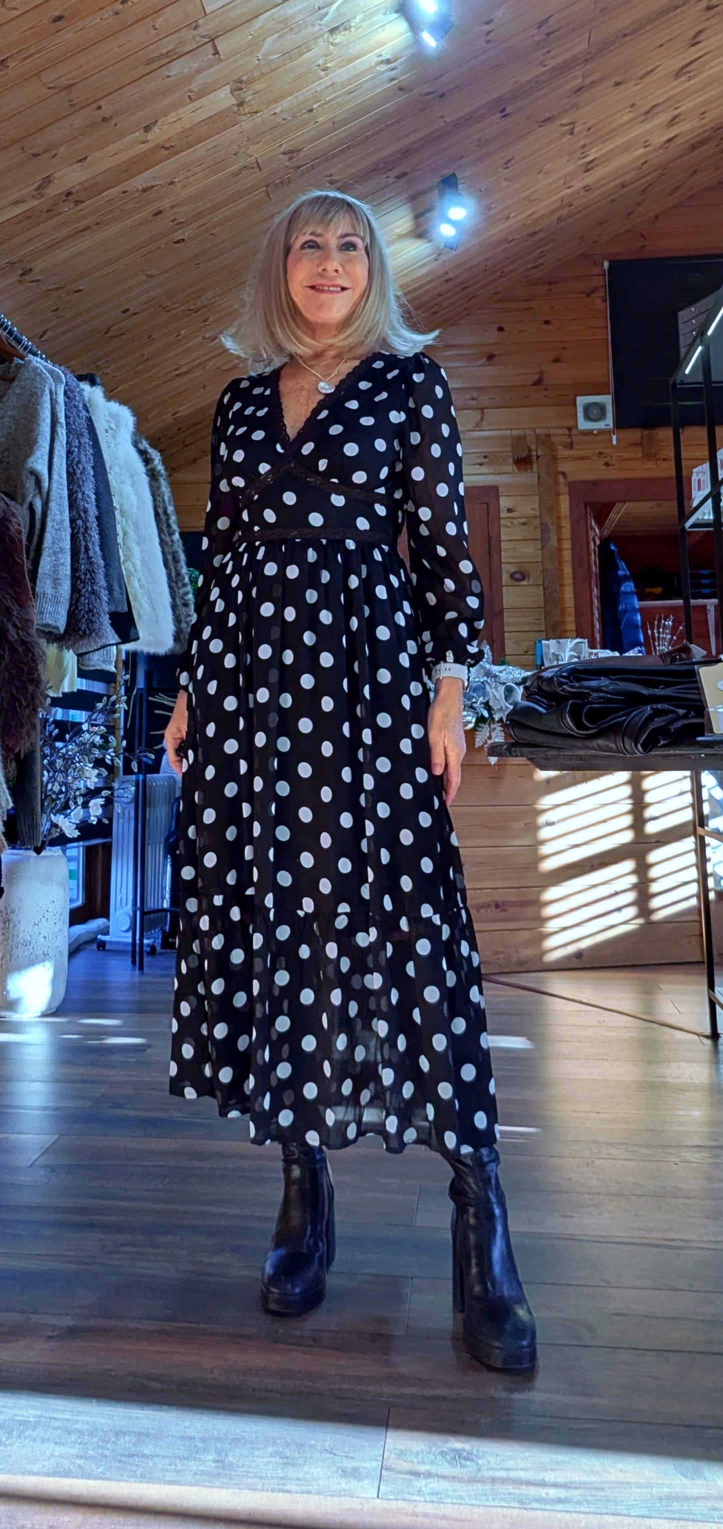 Hazel Polka Dot Print Lace Trim Long Sleeve Midi Dress In Black