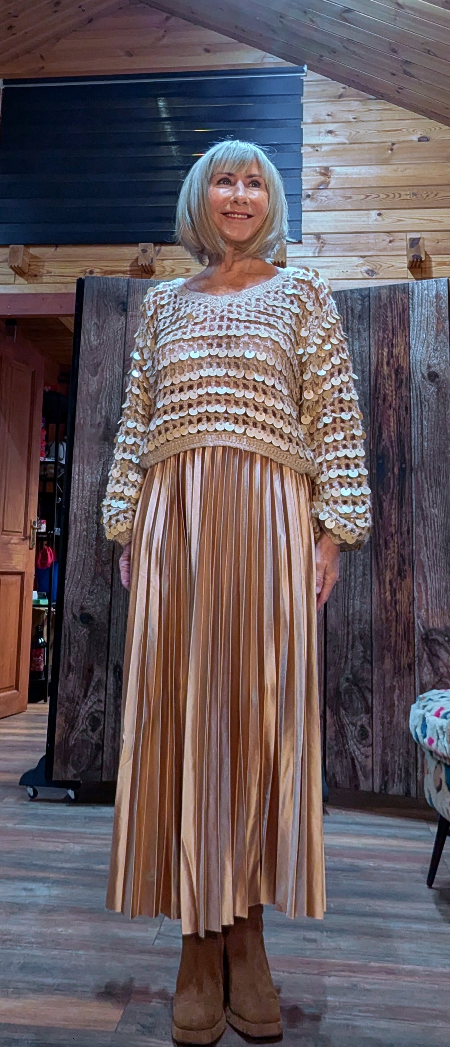 Statement Gold  sweater top with v neckline
