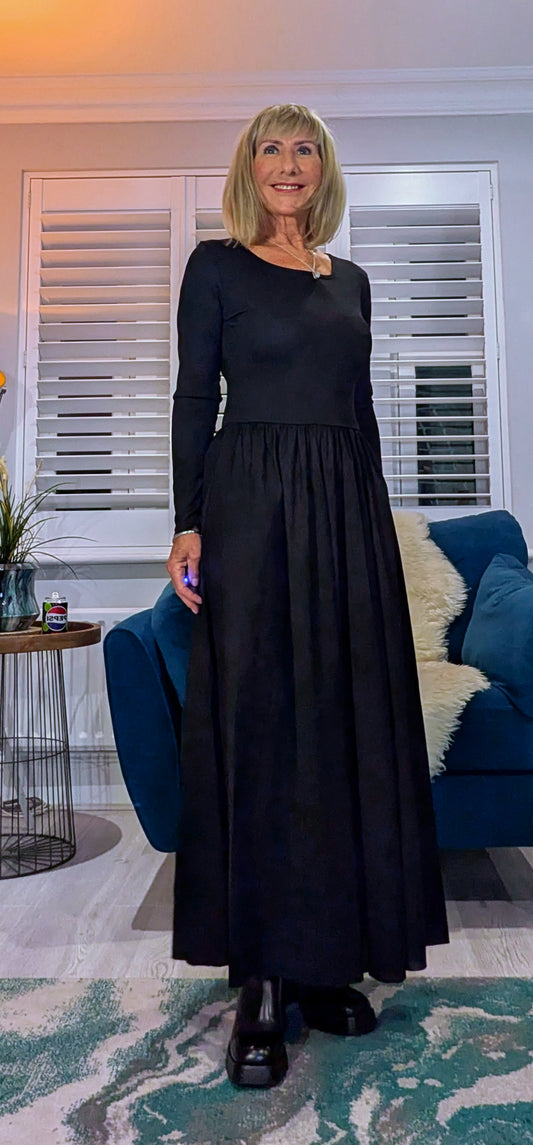 Betty Dress – Ribbed Cotton Jersey with Flared Skirt  Black
