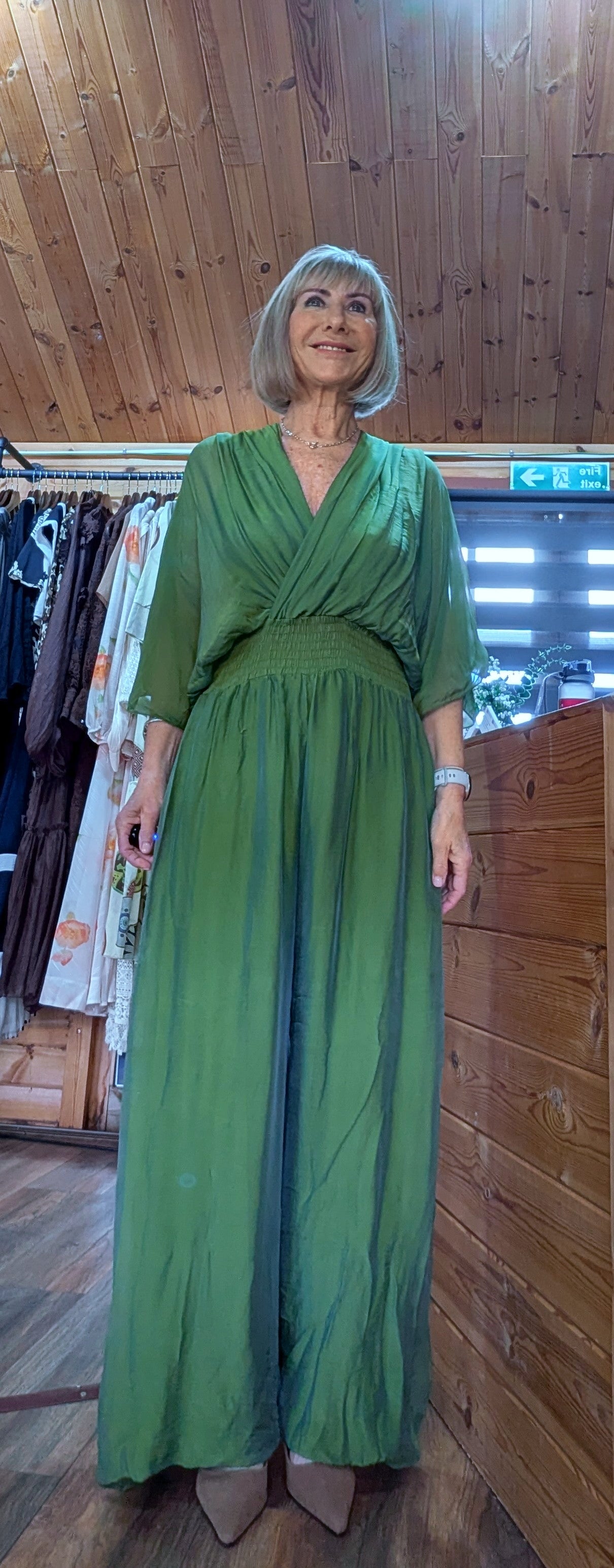 Josie Silk Blend  Jumpsuit – Olive Green