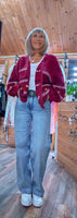 Pansy Chunky Cardigan – Deep Red with Balloon Sleeves & Mustard Bobbles