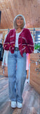 Pansy Chunky Cardigan – Deep Red with Balloon Sleeves & Mustard Bobbles