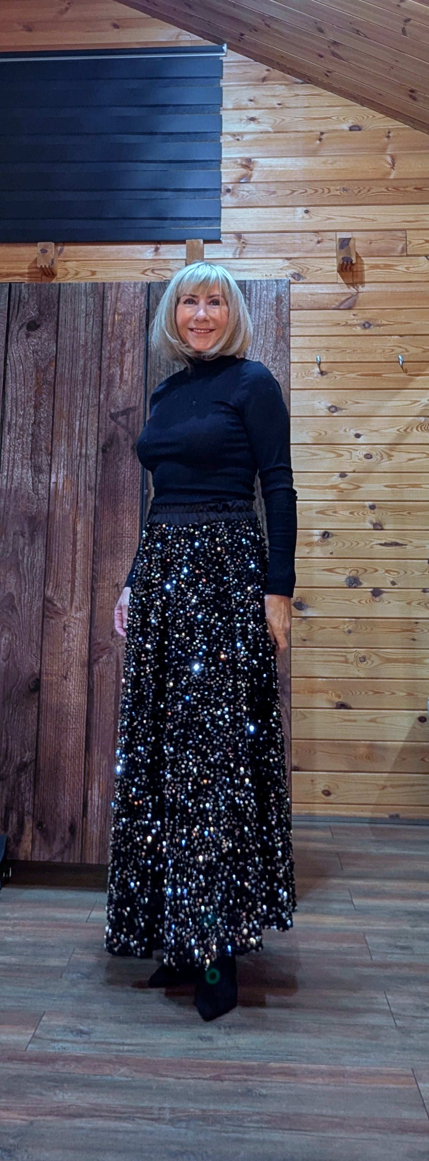 Noelle Black Sequin  Flared Skirt- Silky Elasticated Waist Band
