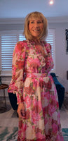 Luna Floral Crepe Maxi Dress – Pink & Green with Frill V-Neck