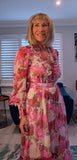 Luna Floral Crepe Maxi Dress – Pink & Green with Frill V-Neck