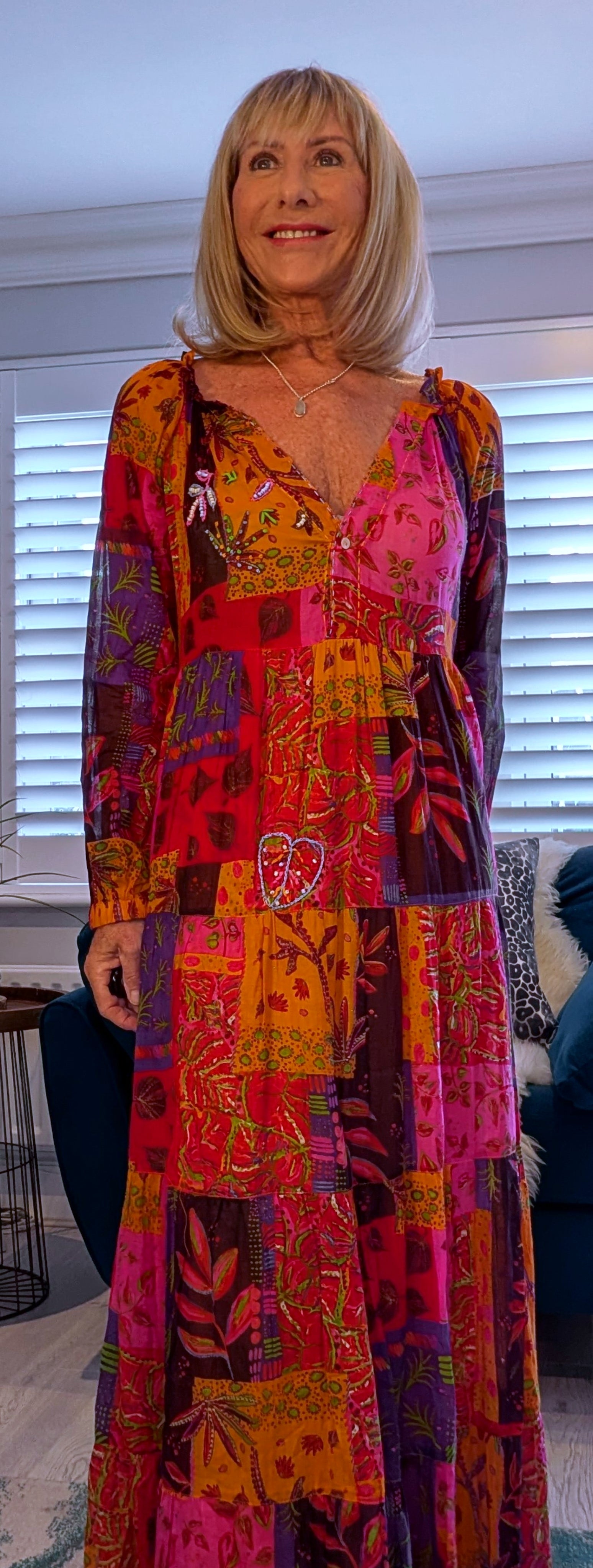 Sheridan Printed Maxi Dress – Embroidered, Tiered, Long Sleeve Multi Coloured