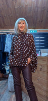 Phoebe Brown & White Polka Dot Blouse – Tie Neck & Balloon Sleeves