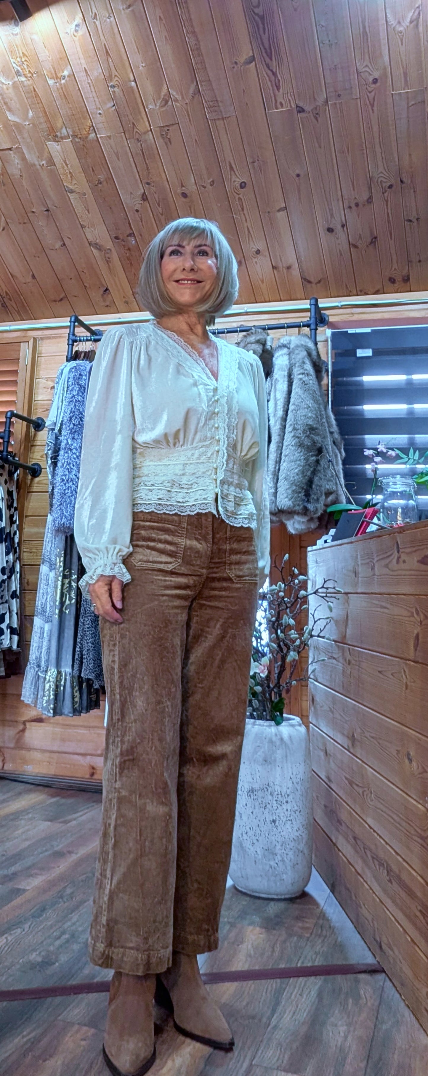 Vixen Cream Velvet Blouse –  Lace Tailored Waist