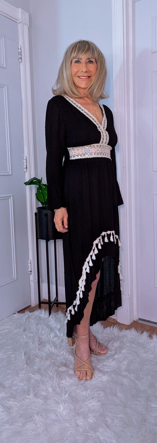 Philly High-Low Boho Dress in Black with Ivory  Pink Sequin Detail