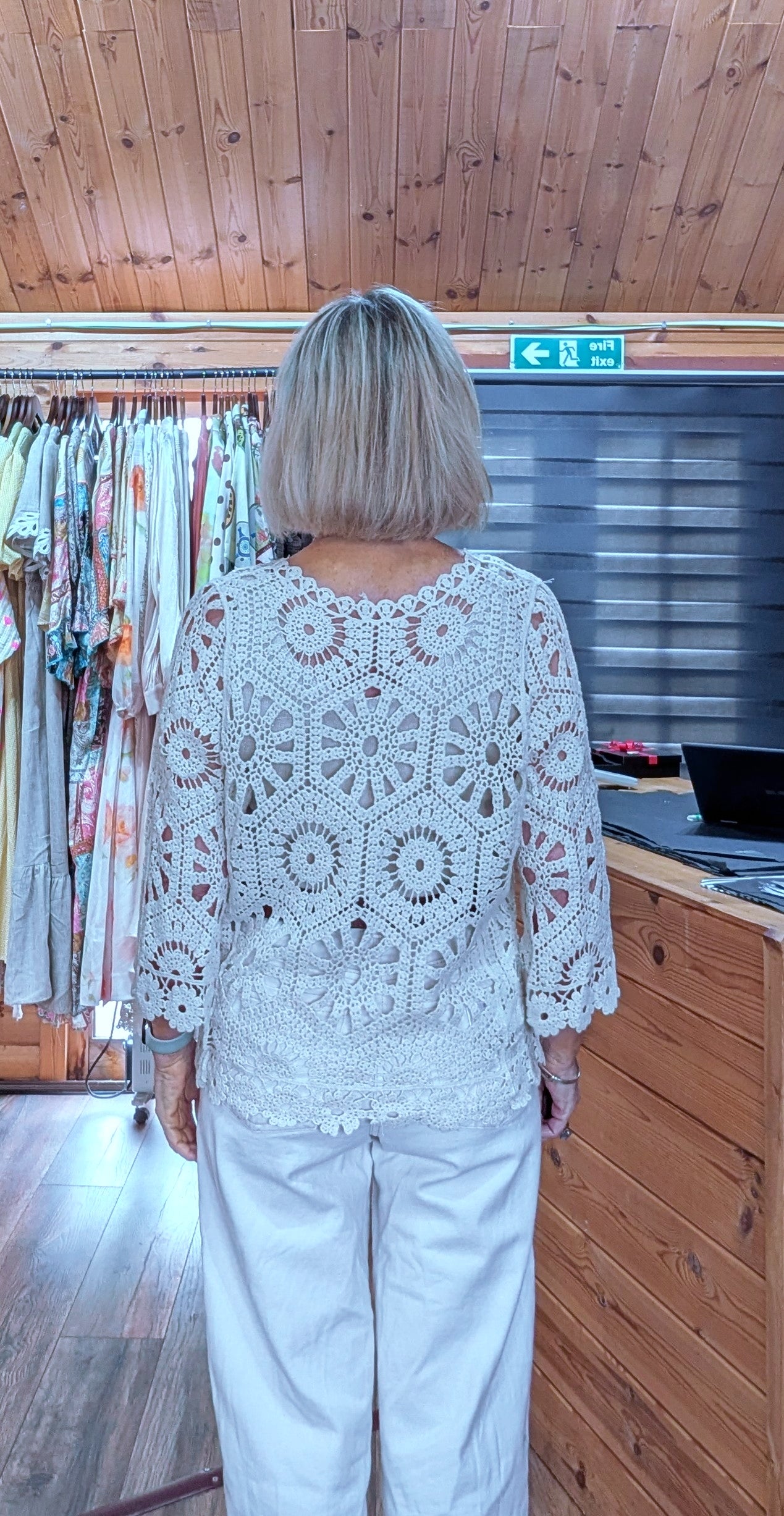 Rear view Farrah Cotton Crochet Cardigan  