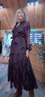 Gloria Coffee Tiered Dress – 3D Flowers & Tie Belt