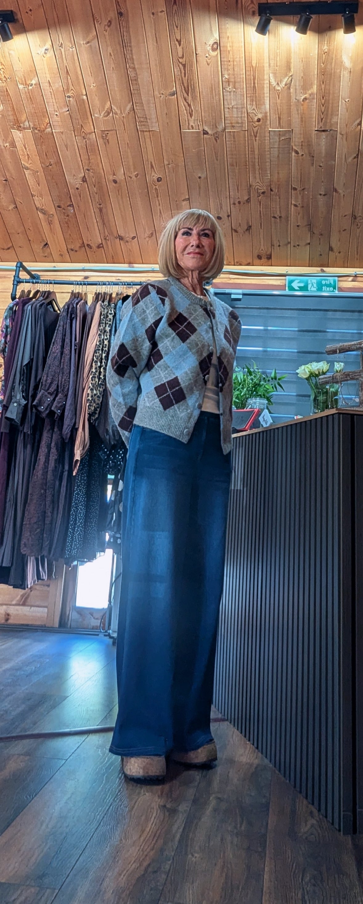 Magna soft knit button cardigan with diamond pattern