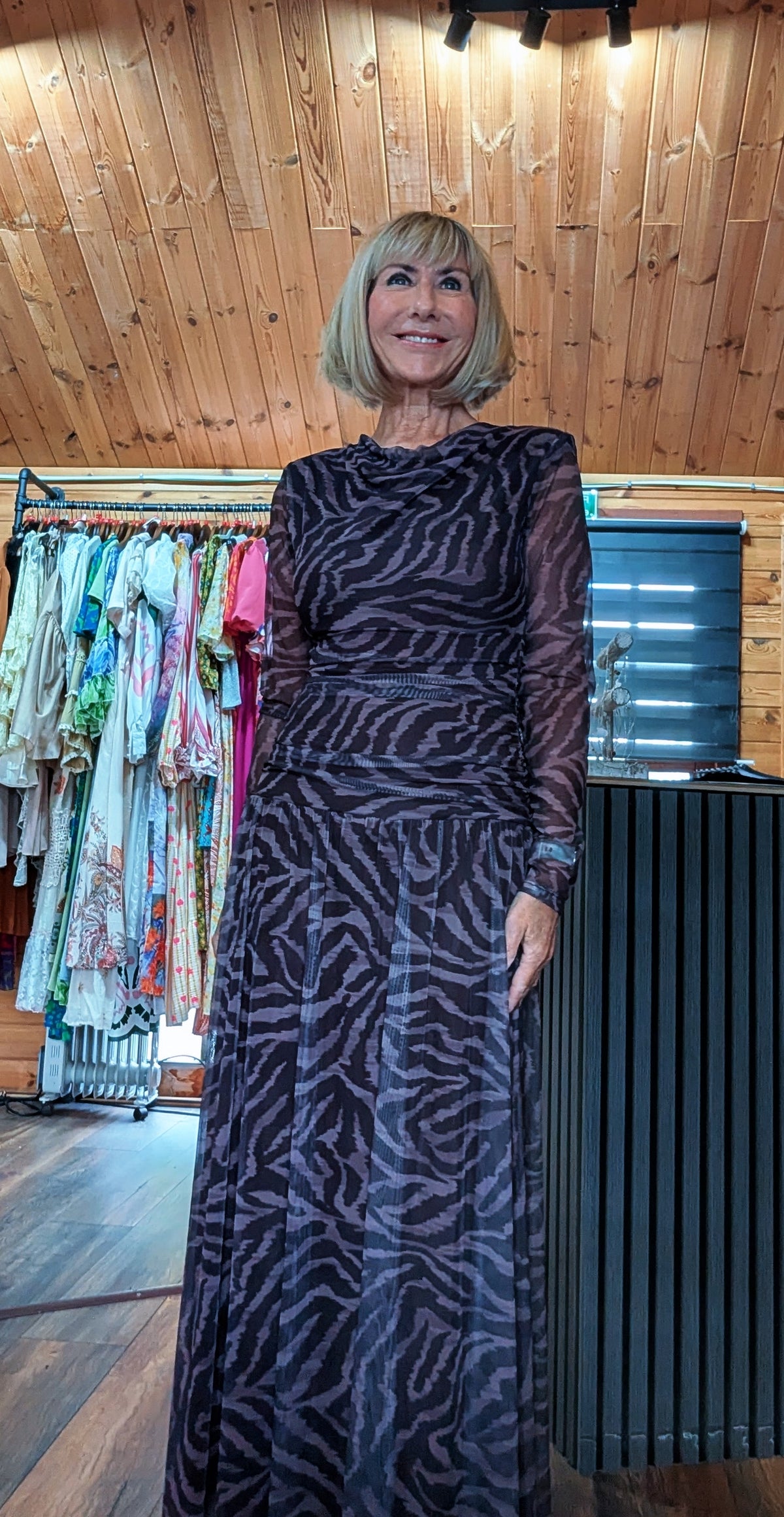 Chocolate animal print long sleeve maxi dress UK 8–14 close up view UK boutique