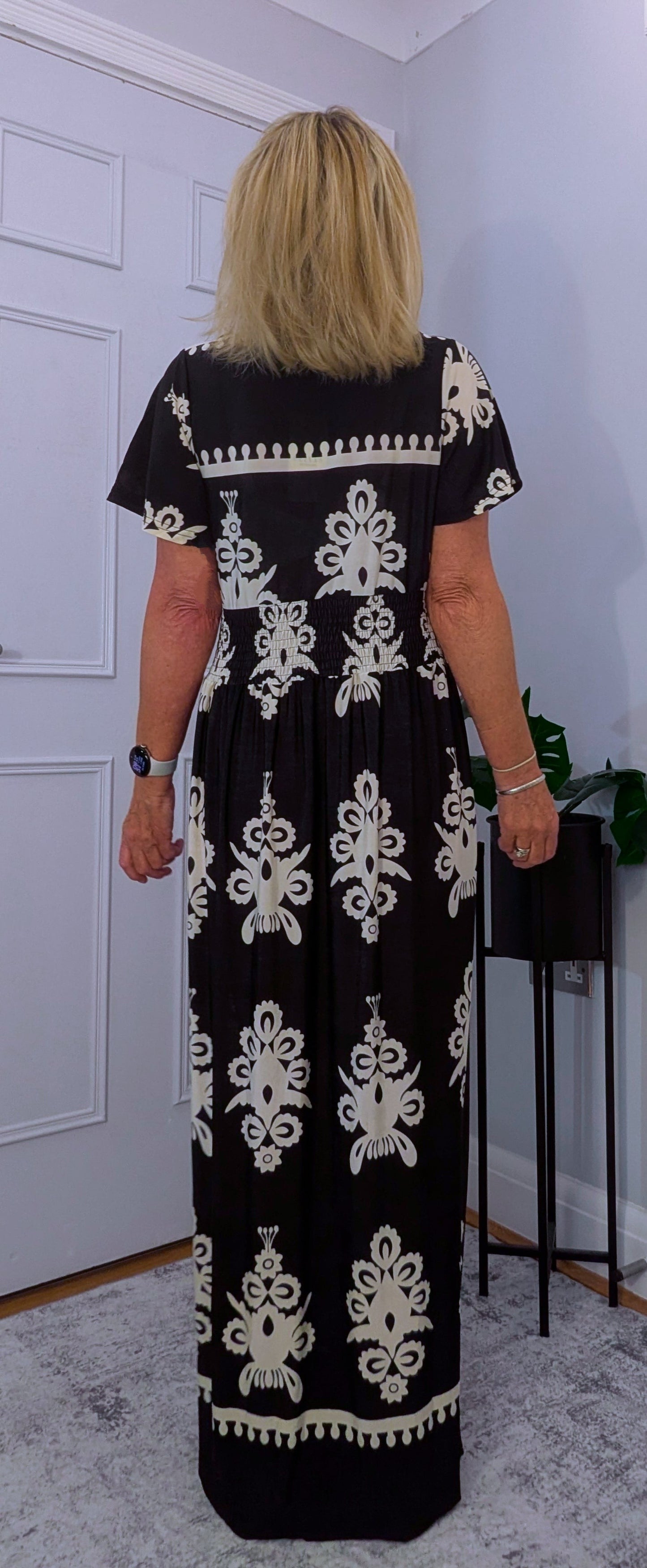 Elissa Dress Soft Jersey in  Bold Print With Shirred Waist Black