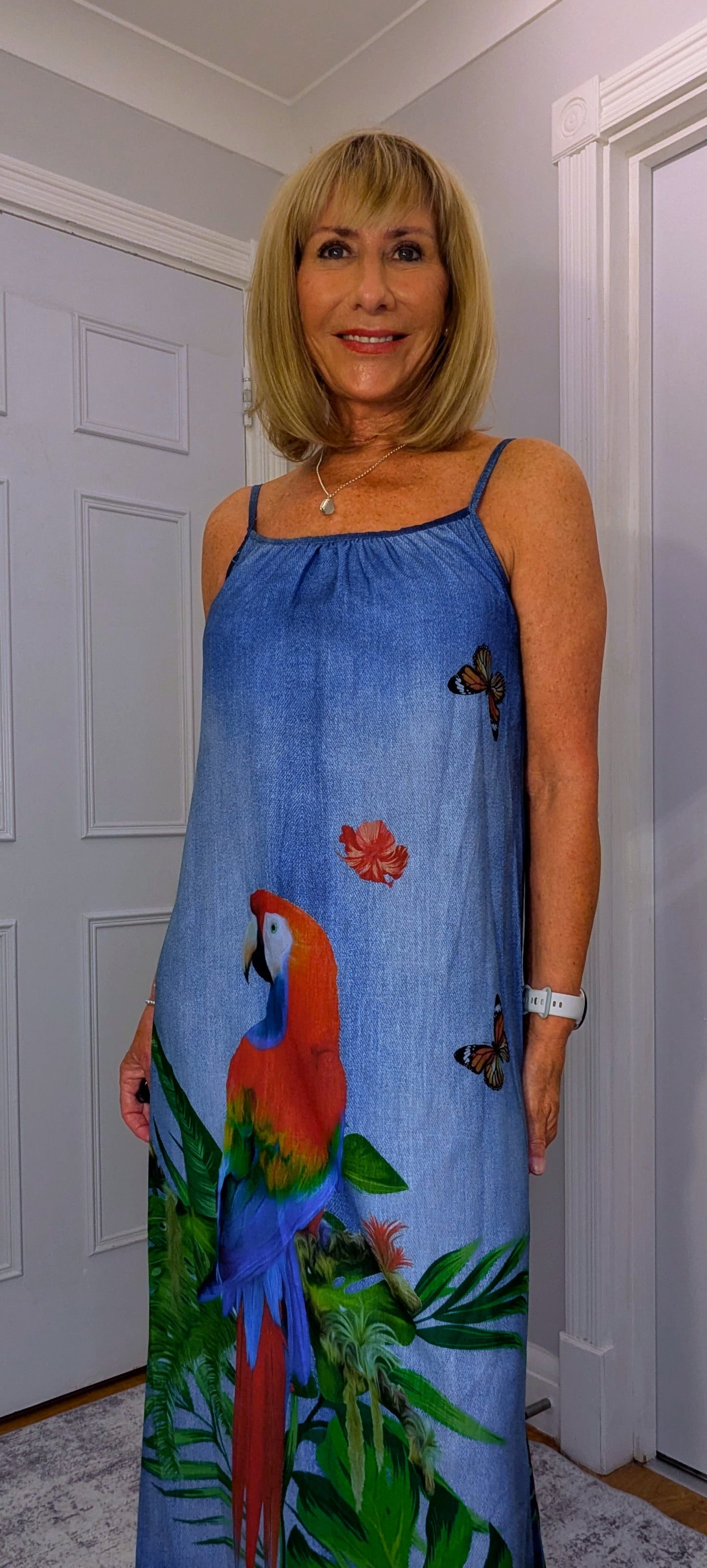Delores Maxi Dress – Tropical Print Summer Slip Dress- Parrot
