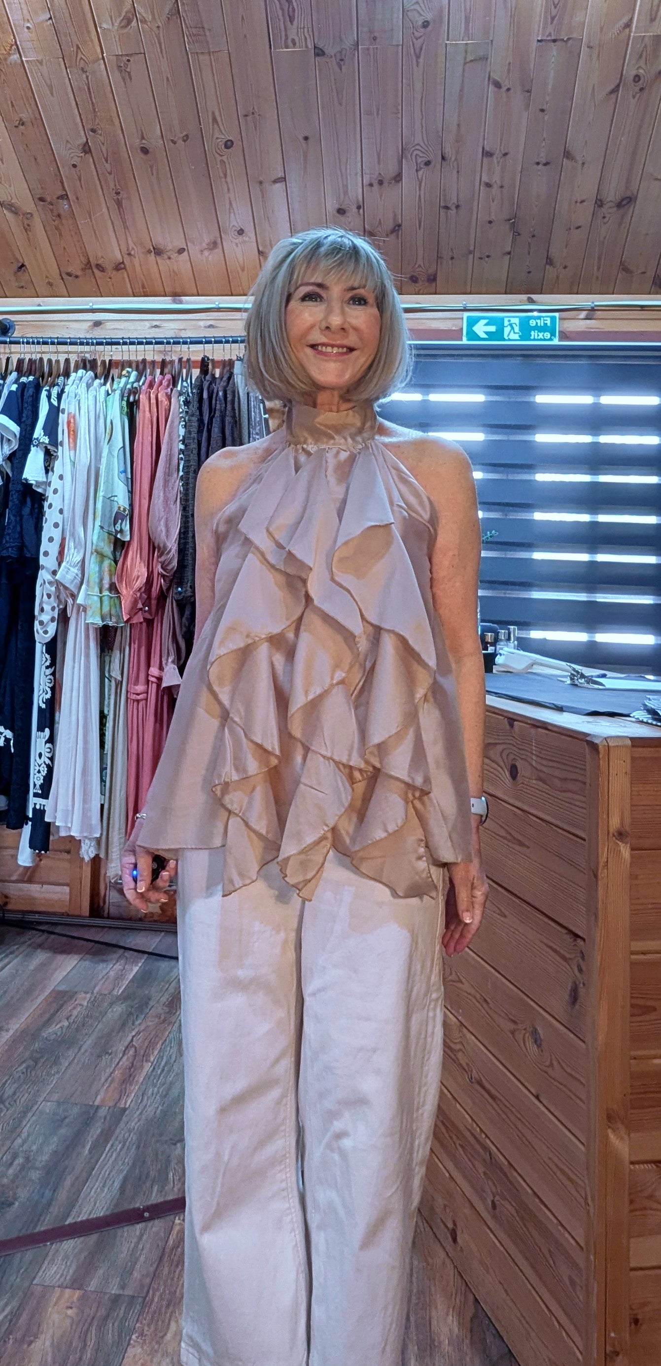 Noori Tencel Ruffle Blouse with frills and ruffles close up 