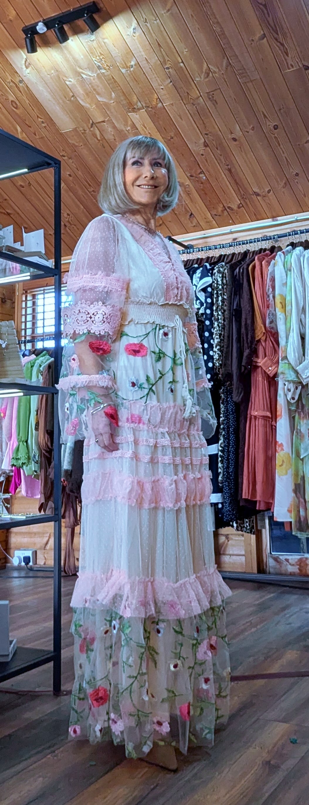 Stella Lace Bohemian Dress With Sheer Long Sleeves and Embroidery