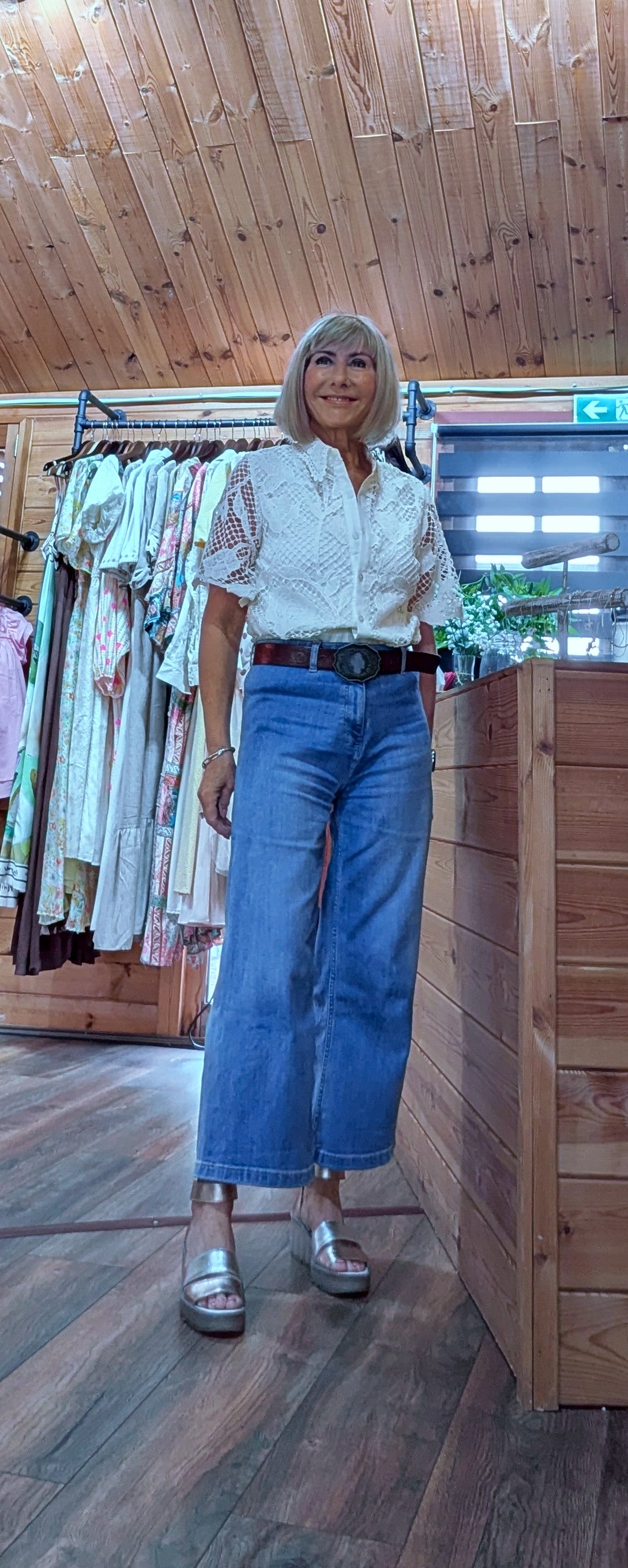 Cellina Cotton  Lace Shirt styled with jeans and sandals