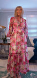 Luna Floral Crepe Maxi Dress – Pink & Green with Frill V-Neck