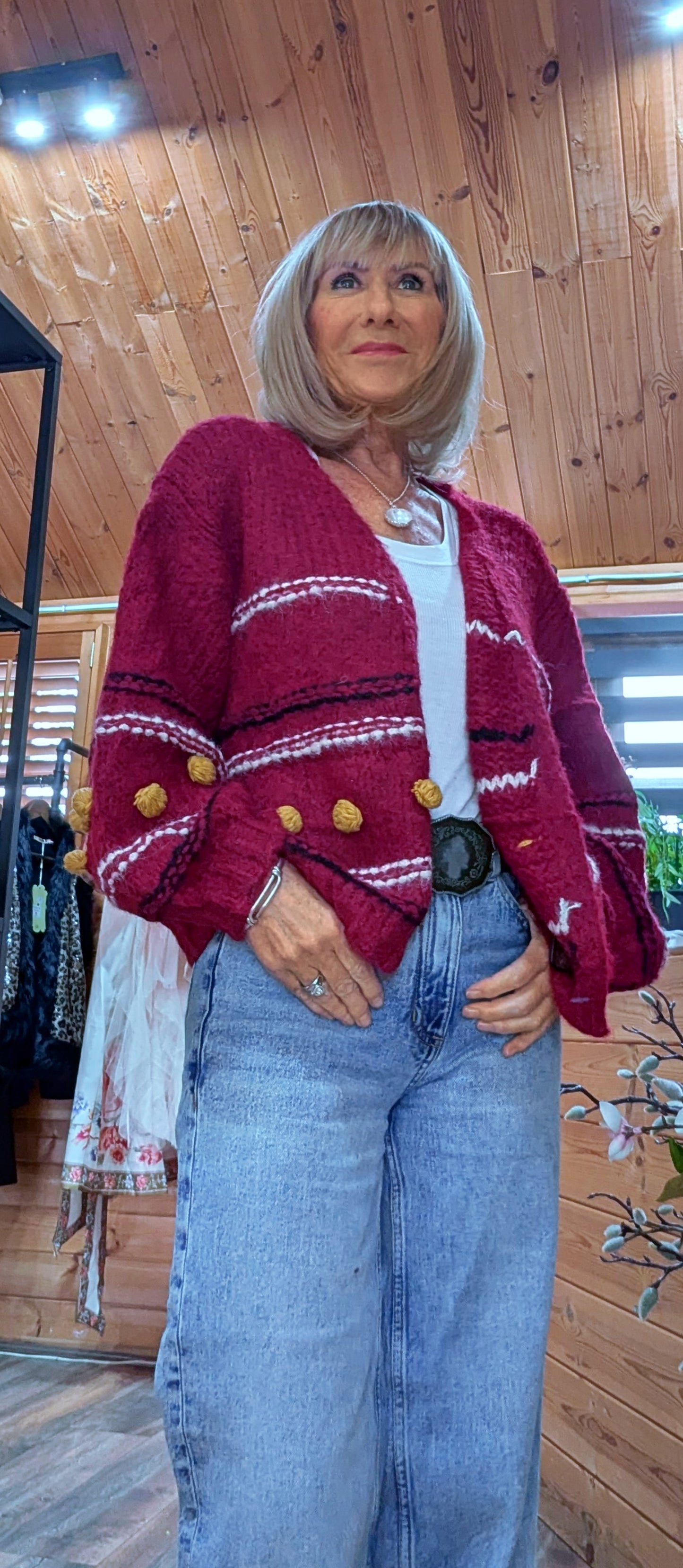 Pansy Chunky Cardigan – Deep Red with Balloon Sleeves- Mustard Bobbles