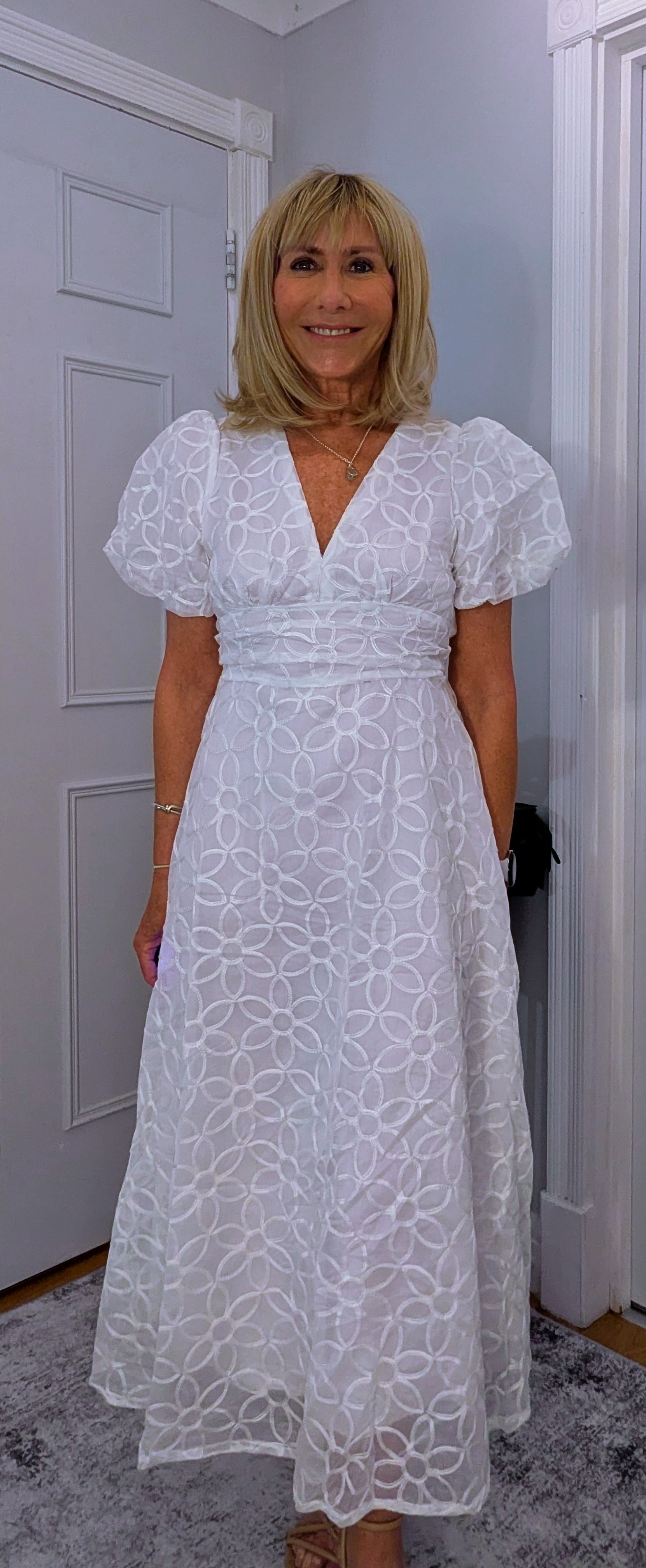 Blanche White Prairie Dress – Embossed Puff Sleeve Elegance
