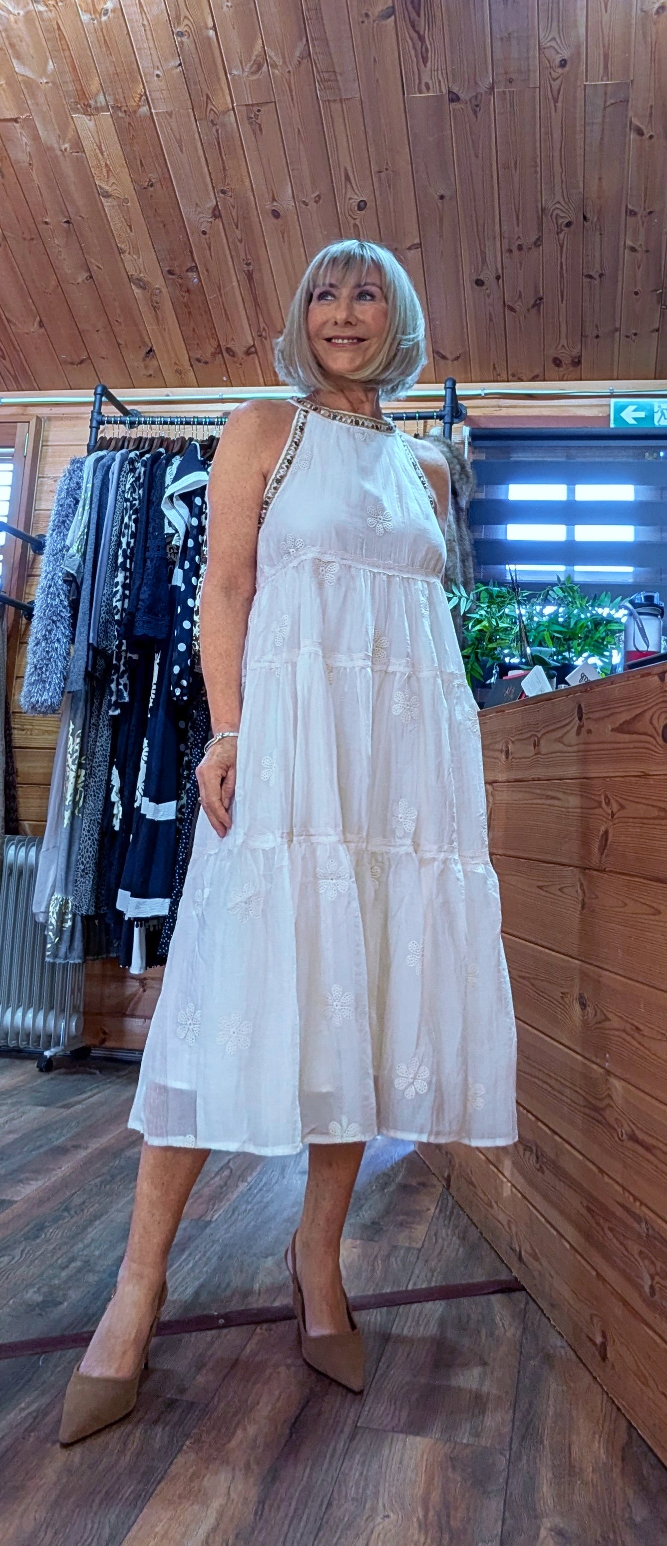 Kiki Ivory Midi Silk and Cotton Sleeveless  Dress