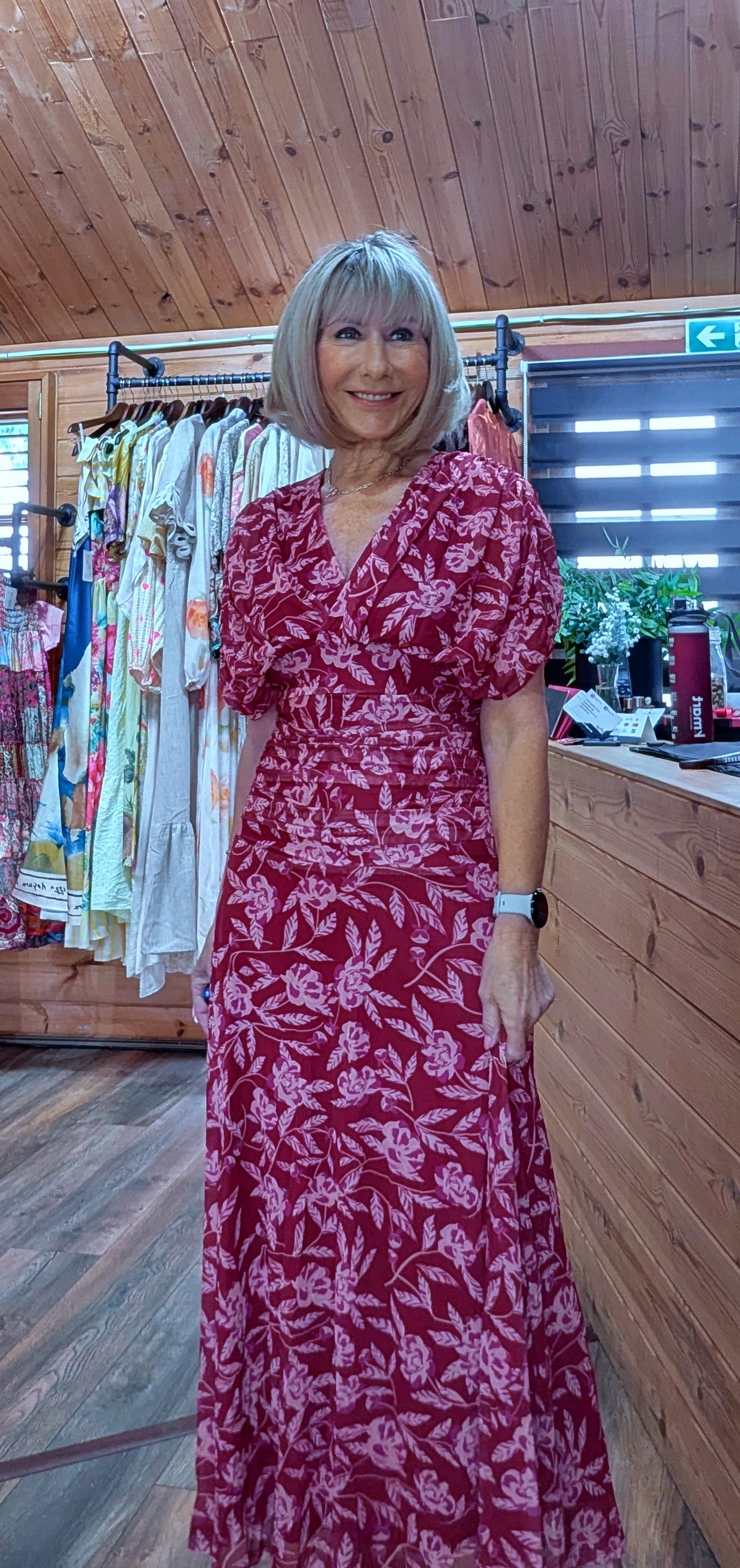 Valentina burgundy floral drape maxi dress close