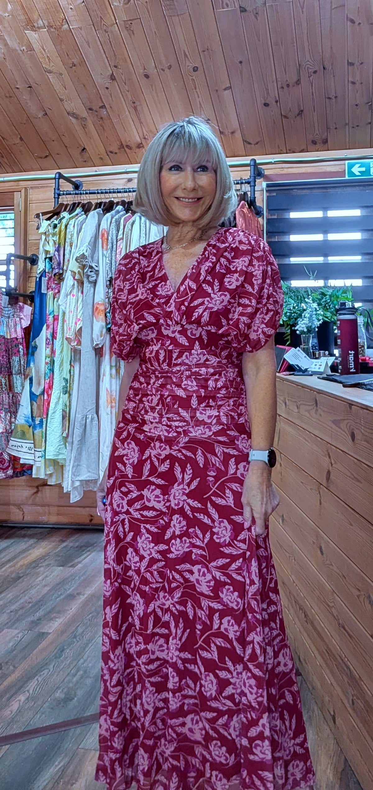 Valentina burgundy floral drape maxi dress close