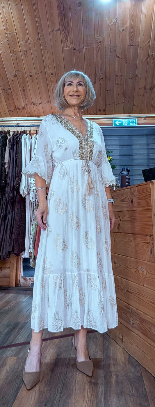 Darcy White Cotton Maxi Dress With Gold Embroidery