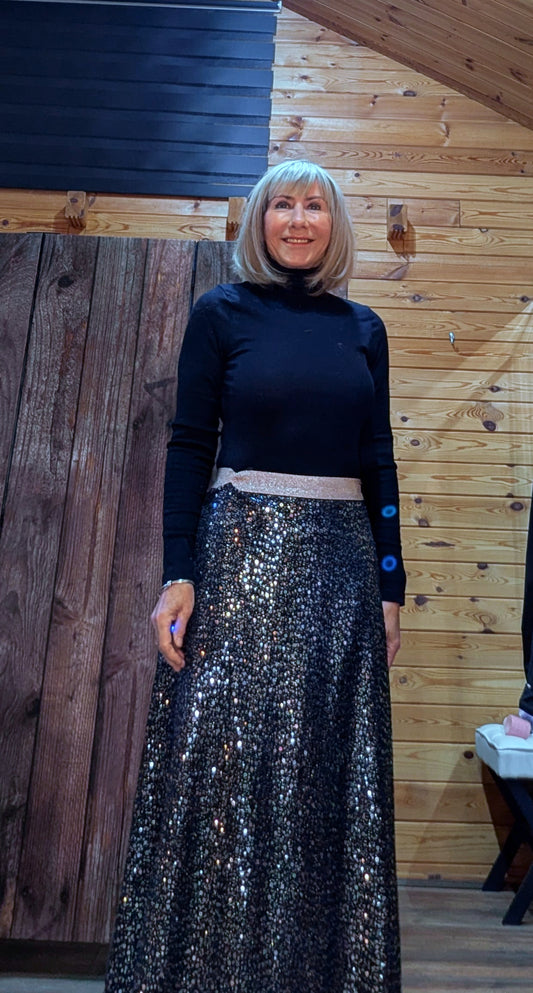 Coralie Sequin Silver Skirt With  Gold Glitter Waistband