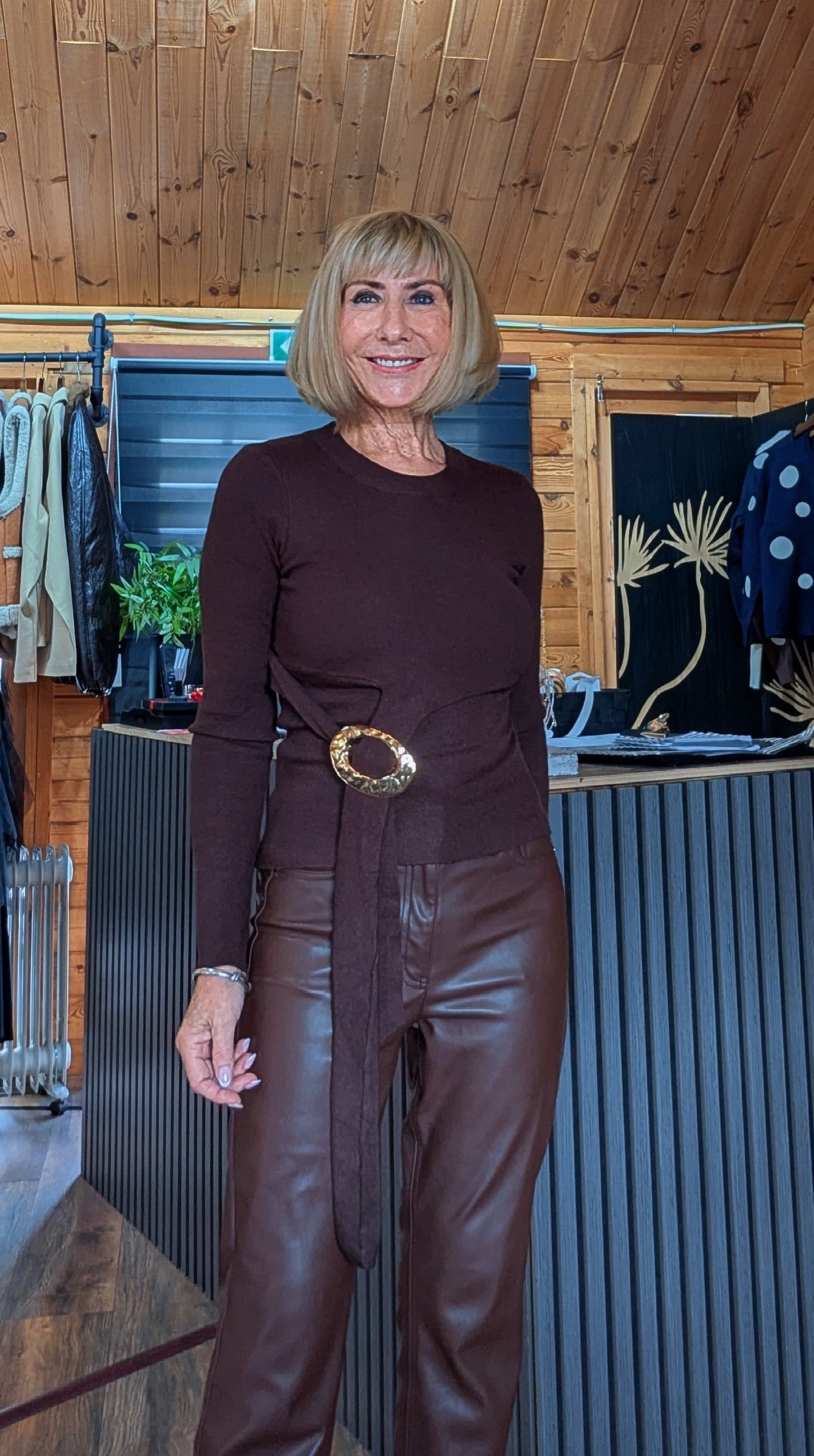 soft knit women’s top with gold buckle and tie styled by ditsydi UK boutique
