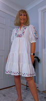 Bo Smocked Linen Cotton Dress – White with Pink & Blue Embroidery