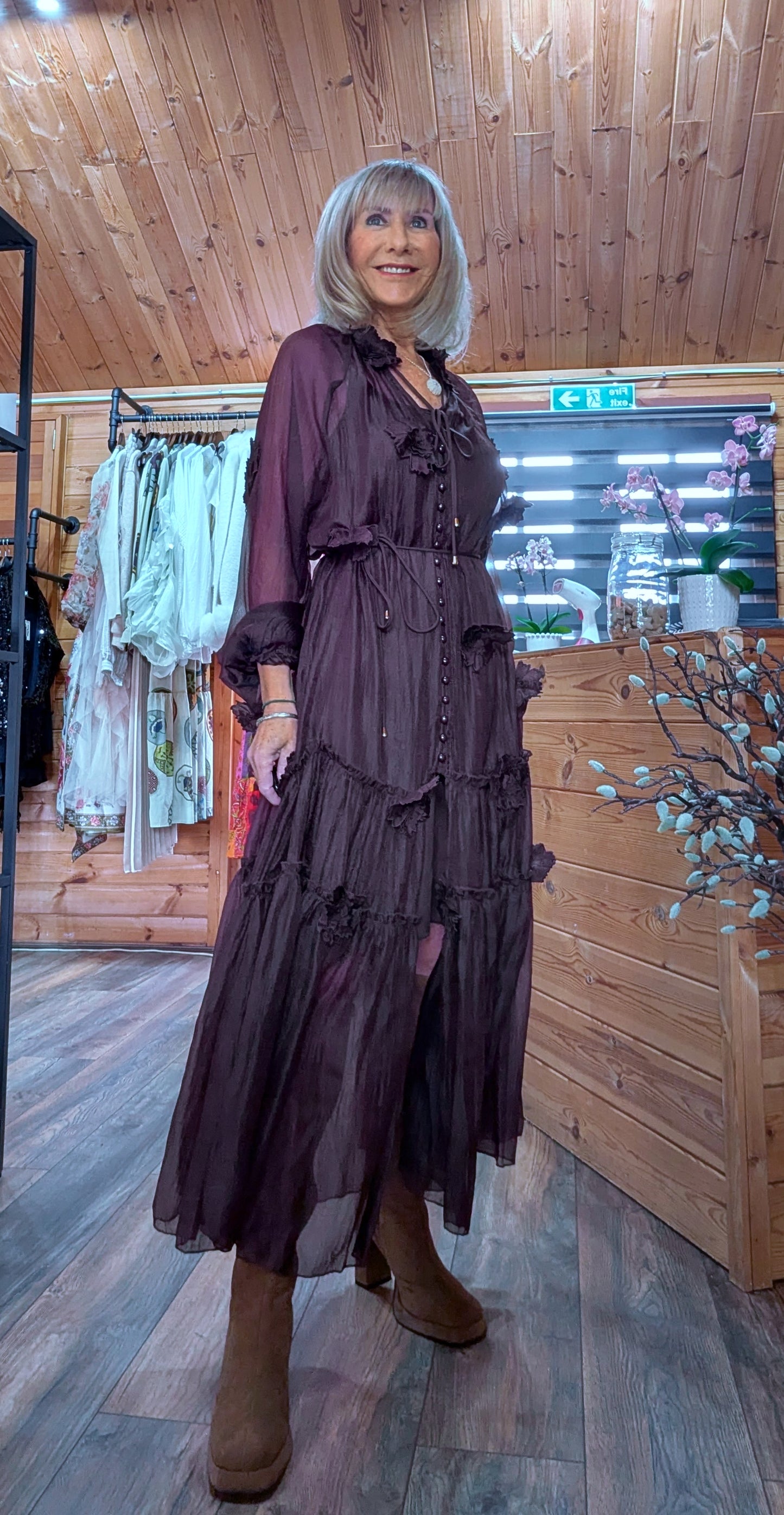Gloria Coffee Tiered Dress – 3D Flowers -Tie Belt