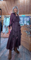 Gloria Coffee Tiered Dress – 3D Flowers & Tie Belt